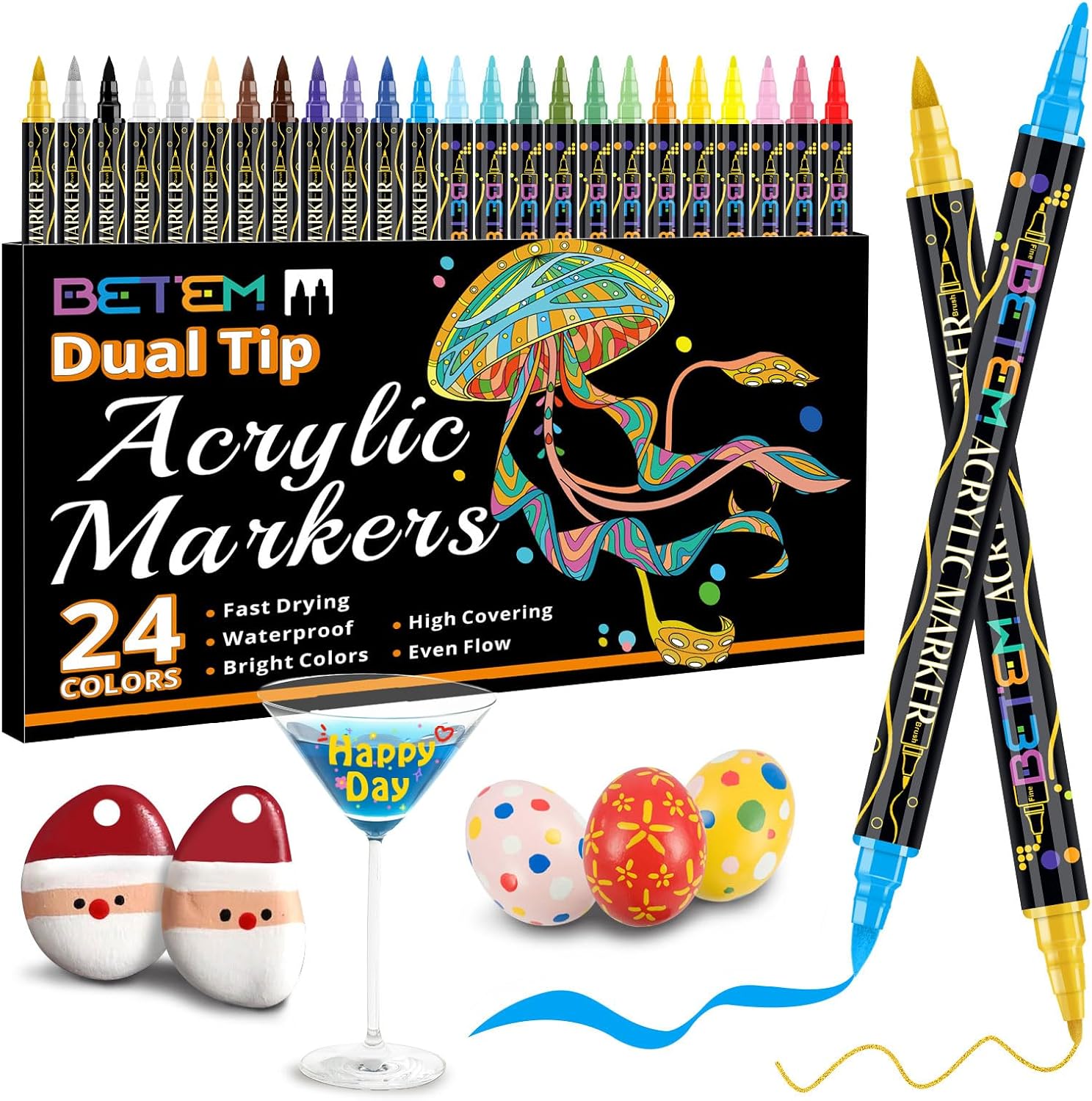 Betem Acrylic Paint Markers, Dual Tip 24 Colors Acrylic Paint Pens with Brush Tip and Fine Point, Art Supplies for Rock, Wood, Canvas, Stone, Glass, Ceramic, Rock Painting