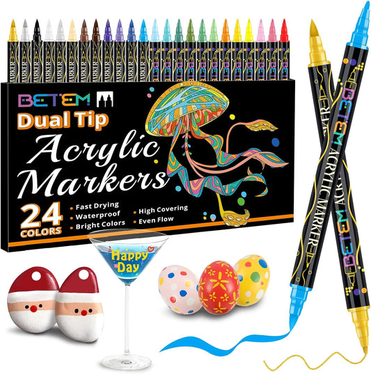 Betem Acrylic Paint Markers, Dual Tip 24 Colors Acrylic Paint Pens with Brush Tip and Fine Point, Art Supplies for Rock, Wood, Canvas, Stone, Glass, Ceramic, Rock Painting