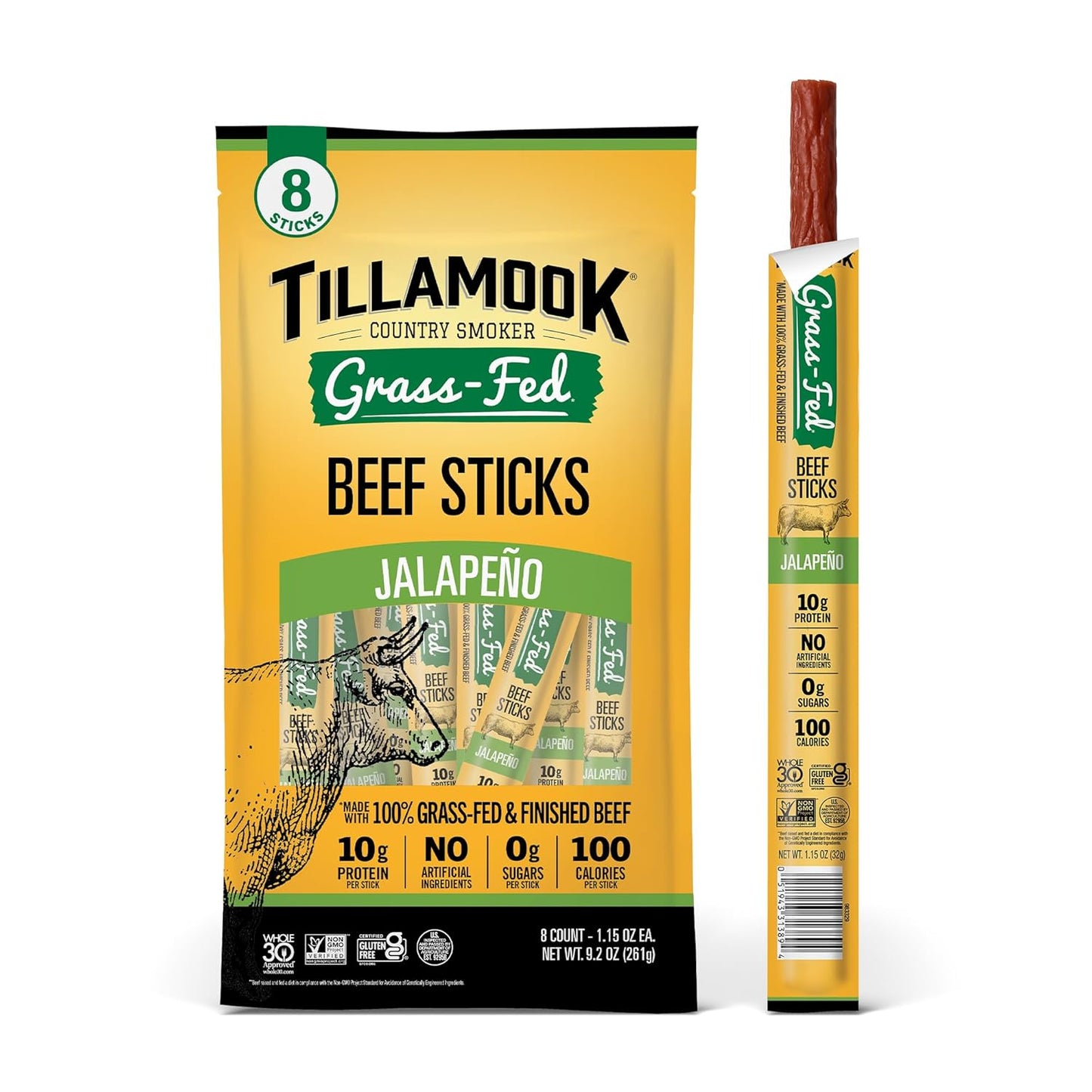 Tillamook Country Smoker 100% Grass Fed Beef Sticks, Zero Sugar, Original, 1.15 Ounce, 8 Pack, Non-GMO Clean Meat Snacks, 10g High Protein Per Stick, Gluten Free Keto Snack, Individually Wrapped