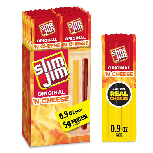 Slim Jim Beef 'N Cheese Smoked Meat Sticks, Original Flavor, 5g Protein Per Serving, Snack Size, 0.9 oz. (10 Count)