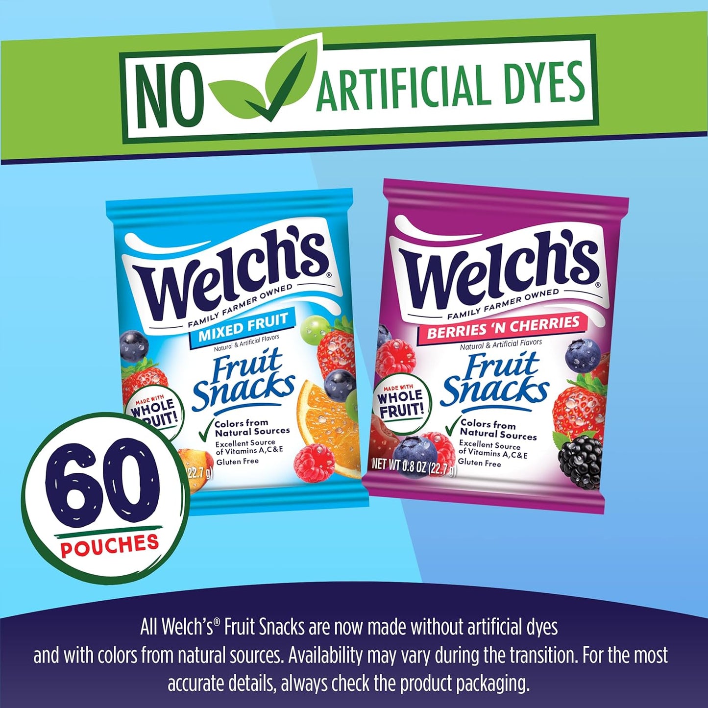 Welch's Fruit Snacks, Mixed Fruit & Berries 'N Cherries Snack Box, Gluten Free, 0.8oz Snack Packs (Pack of 60)
