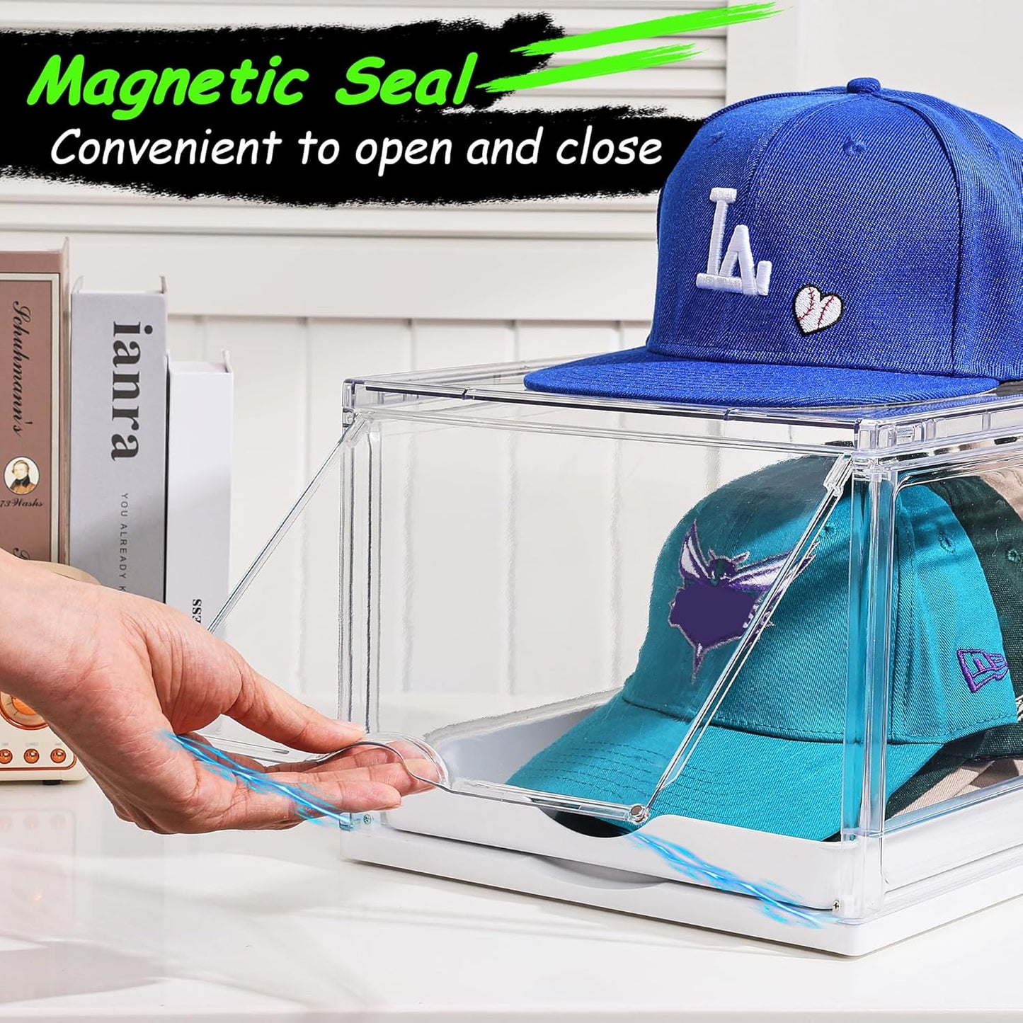 Vtopmart 2 Pack Hat Organizer for Baseball Caps, Clear Hats Holder Box with Drawer, Large Cap Storage with Sliding Tray, Stackable Rack Display Case with Magnetic Door, Each Holds 12 Hats