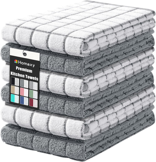 Homaxy Premium Cotton Kitchen Towels 16"x 28", Large Natural Ring Spun 390 GSM Dish Towels, Super Absorbent Terry Kitchen Hand Towels, Soft Tea Towels with Hanging Loop, Grey Check Design, 6 Pack