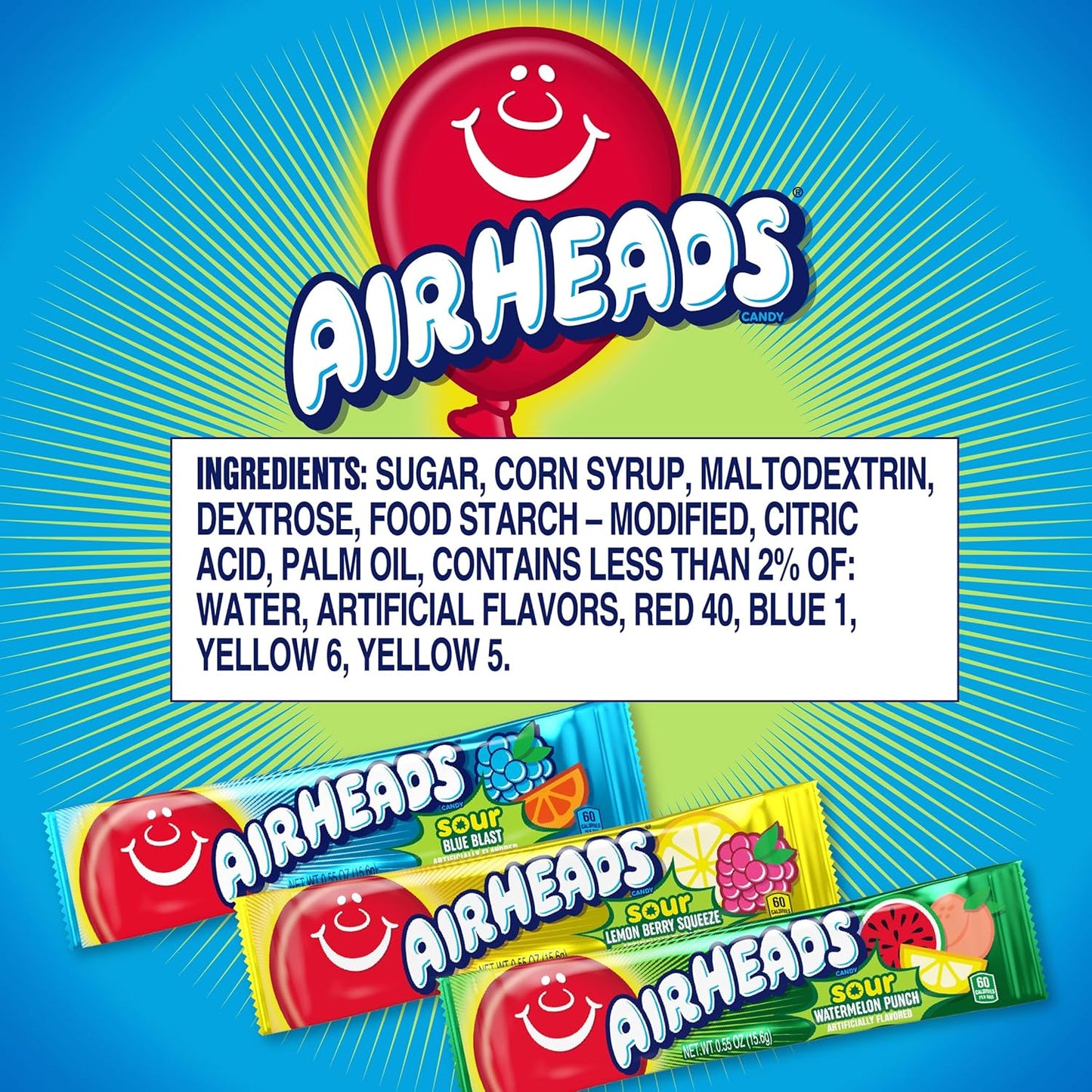 Airheads SOUR Candy Bars, Sour Watermelon Punch, Blue Blast, Lemon Berry Squeeze, 9 Bar Movie Theater Box