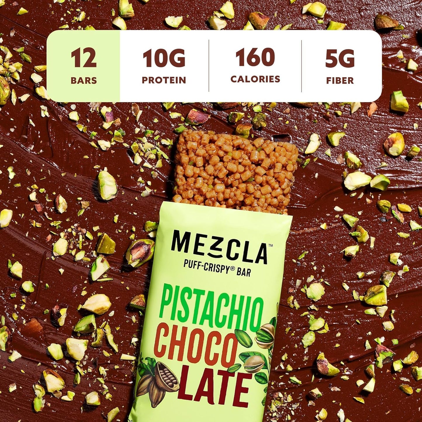 Mezcla Puff Crispy Protein Bars, Gluten Free & Vegan Protein Bars, 10g Protein, Alt for Crispy Rice Treat, Granola Bars & Breakfast Bars, Healthy Snacks for Adults, Pistachio Chocolate, 1 Count