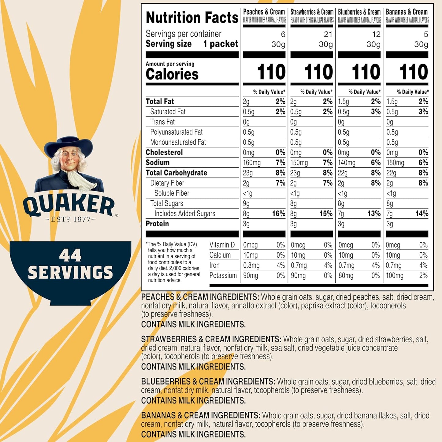 quaker instant oatmeal fruit & cream variety pack, 44 single serve packets, whole grain quaker oats