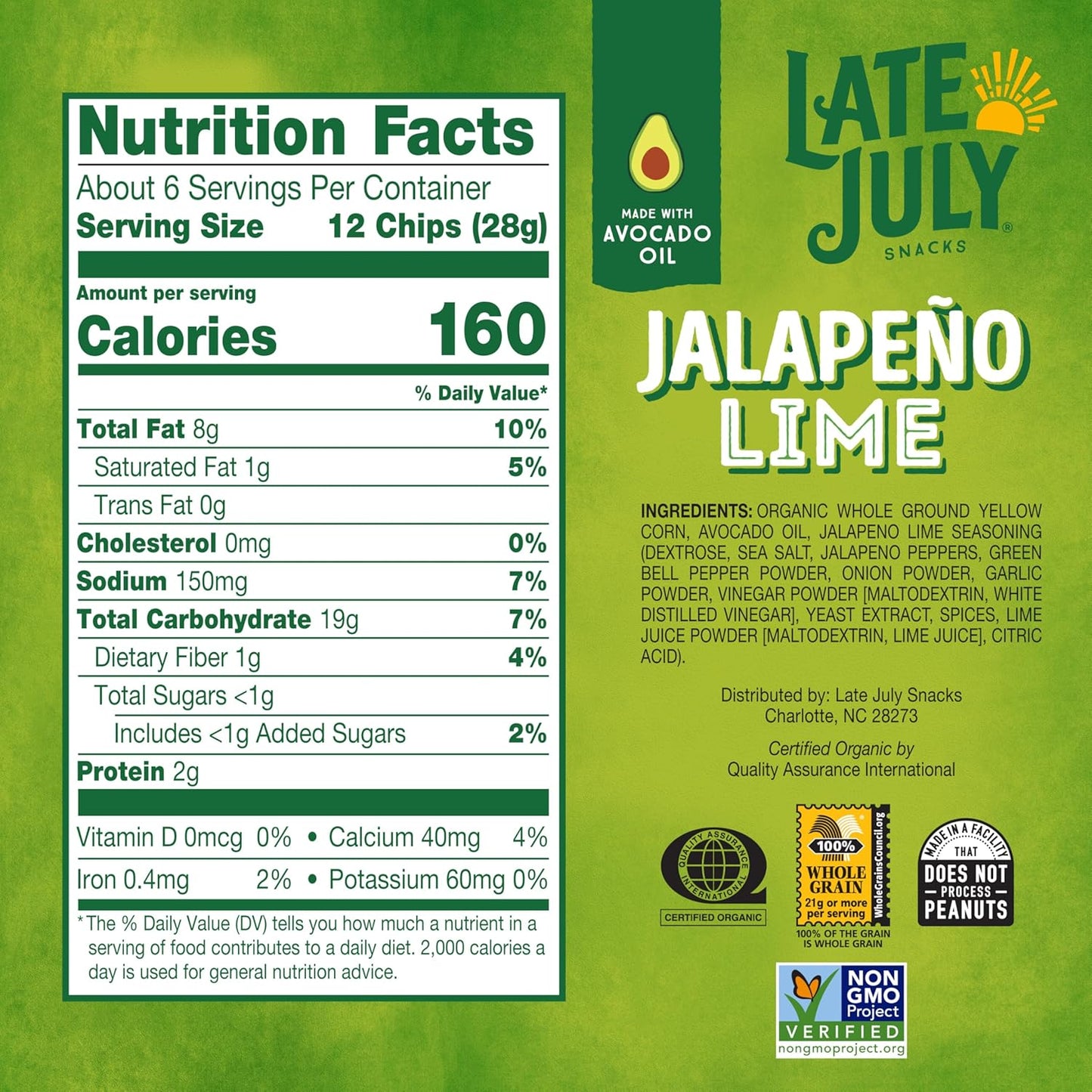 LATE JULY Snacks Jalapeno Lime Tortilla Chips, 6 Oz Bag