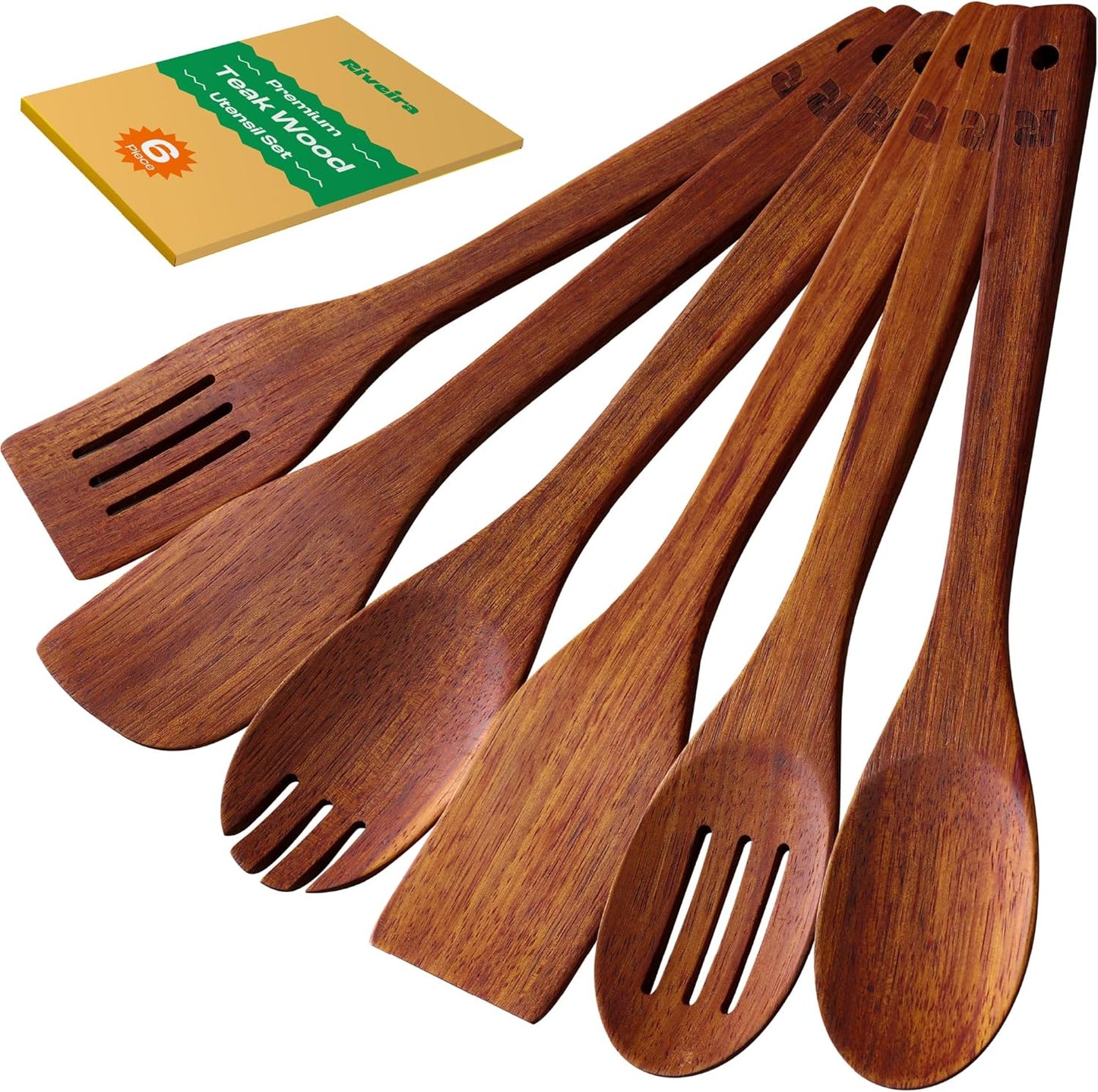 Riveira Bamboo Cooking Spoons 6-Piece – Wooden Cooking Utensils Set with Wooden Spoons for Cooking & Spatulas Wooden Utensil Sets – Premium Kitchen Utensils Set – Durable First Apartment Essentials
