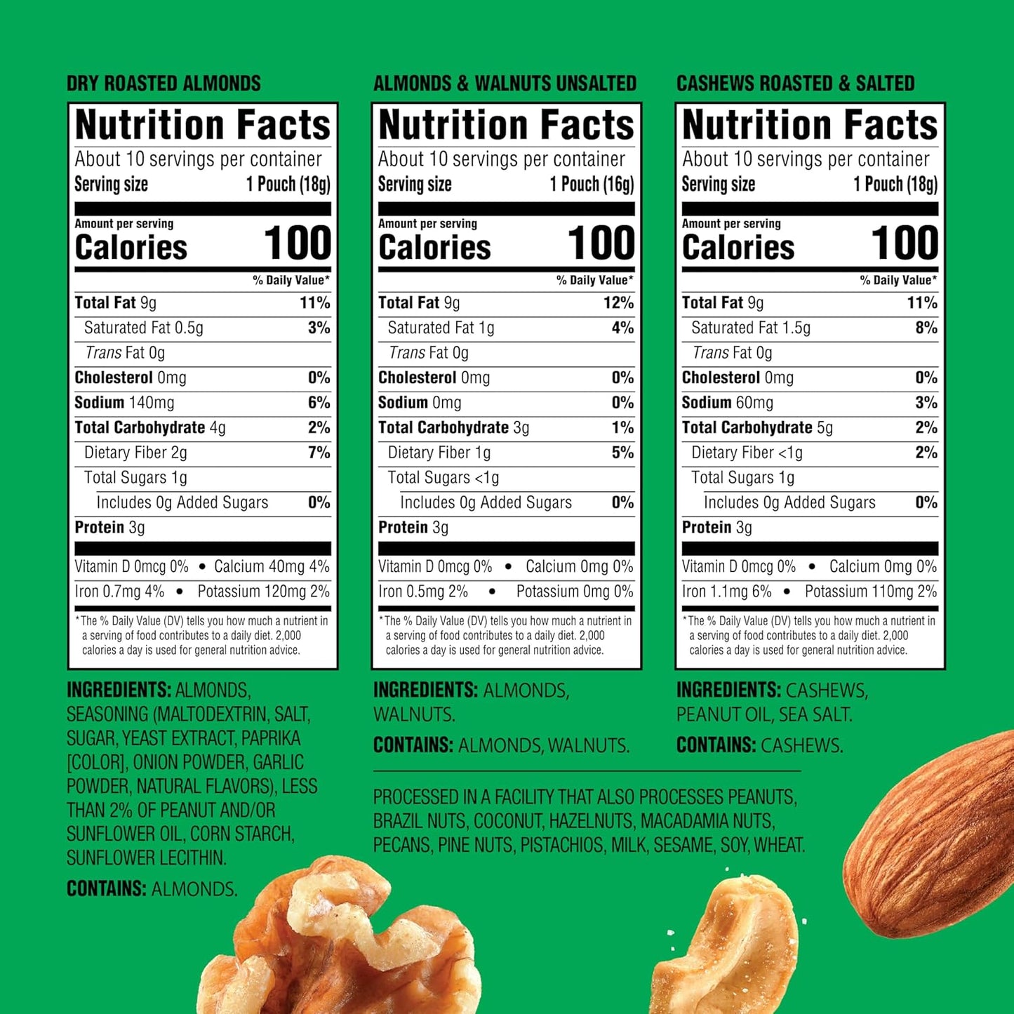 emerald nuts 18ct mixed nuts variety pack 100-calorie individual packs dry roasted almonds natural almonds walnuts roasted salted cashews