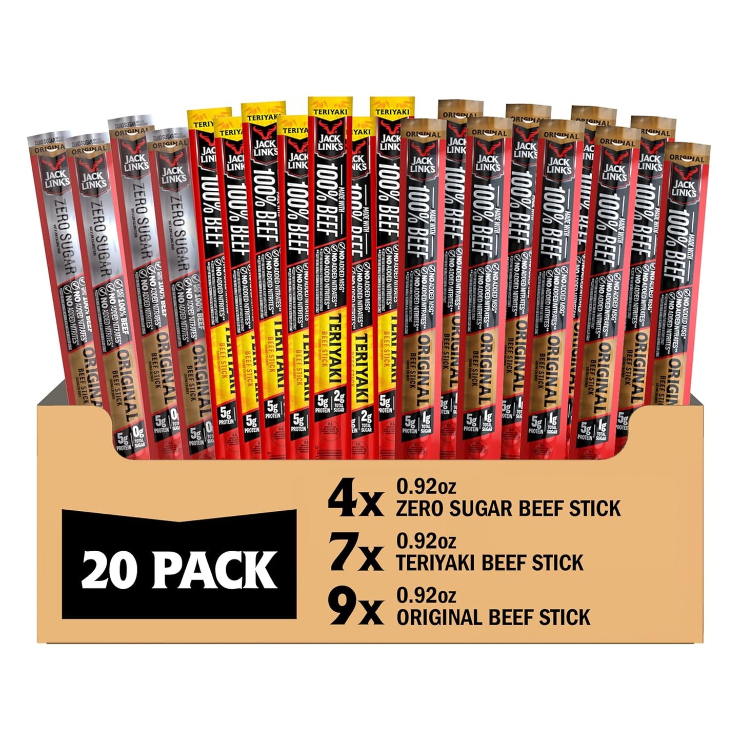 Jack Link's Beef Jerky Sticks Variety Pack - Original, Teriyaki & Zero Sugar - Made with 100% Real Beef - Ready to Eat Real Meat Protein Snacks - 5g Protein per Serving - (20 Pack) 0.92 oz