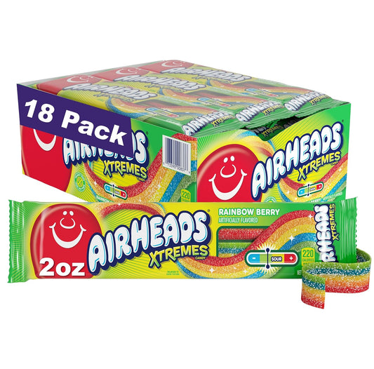 Airheads Xtremes Belts Candy, Chewy Candy Package, Rainbow Berry Fruit Flavor Artificially Flavored, 2 Ounces (18-Pack)