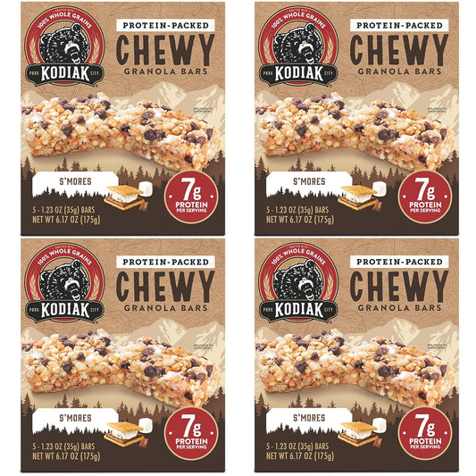 Kodiak Cakes Protein Chewy Granola Bar, S'mores, (Pack of 4 Boxes)