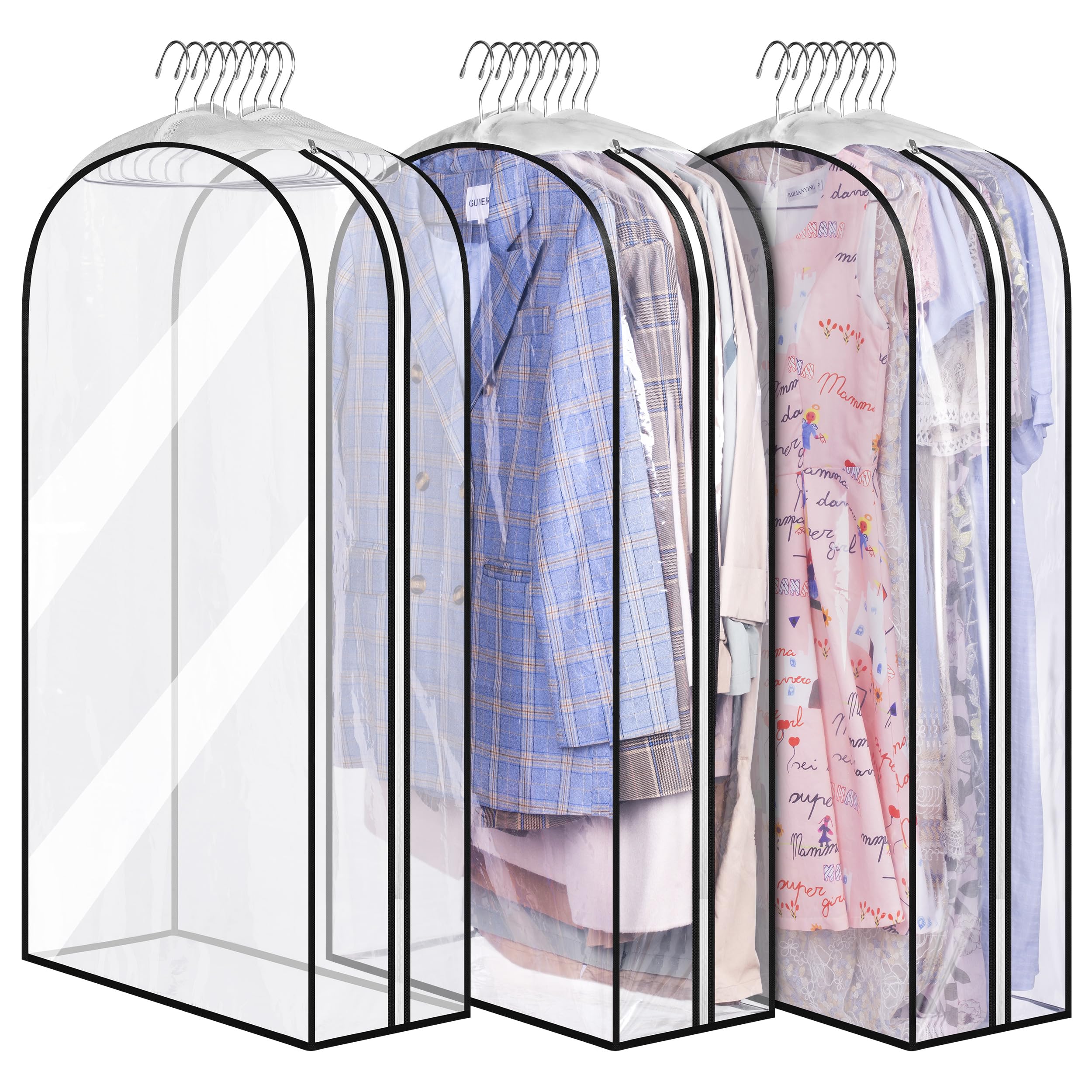 MISSLO 10" Gusseted All Clear Garment Bags for Hanging Clothes 3 Packs 40" Suit Bags for Closet Storage Hanging Clothes Storage Suit Cover for Shirts, Coats, Dresses