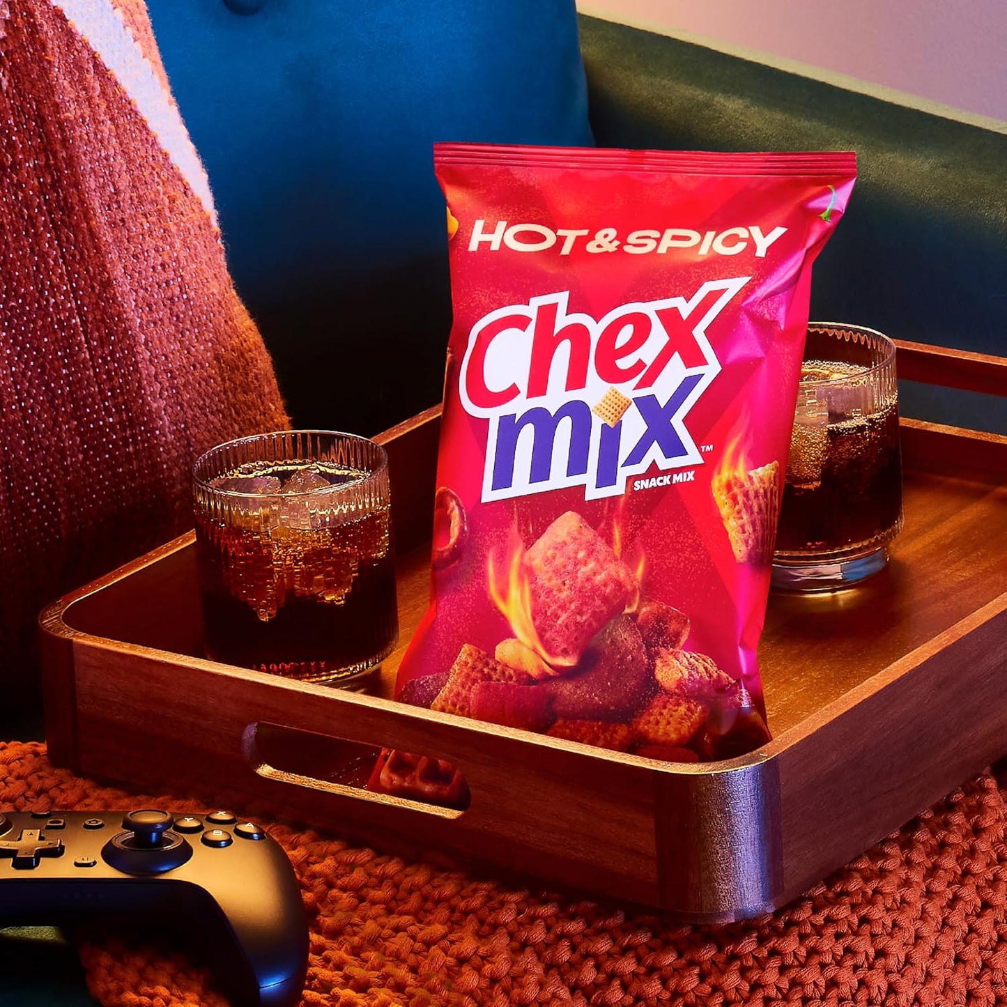 Chex Mix Hot and Spicy Snack Mix, Savory Snack Bag, Family Size, 13.5 oz