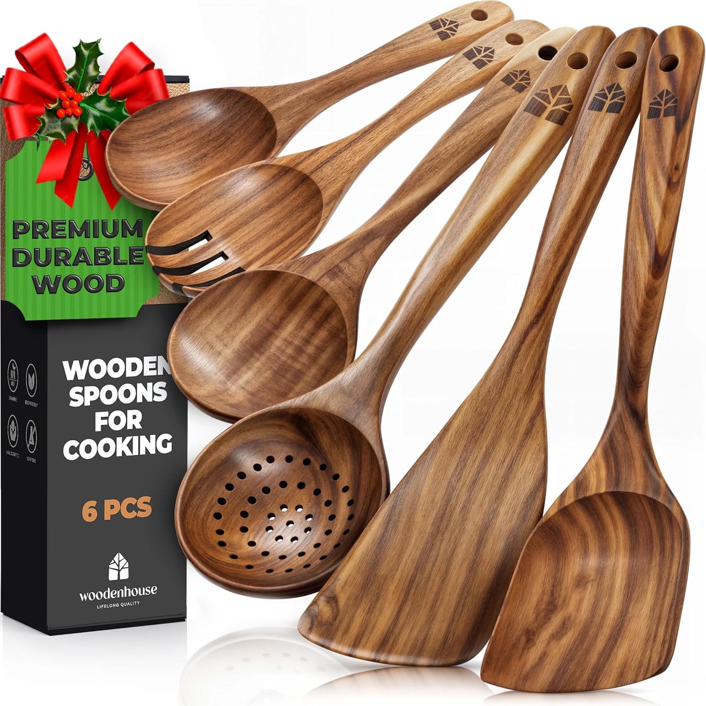 Wooden Spoons for Cooking – 10 Pc Teak Wood Utensil Set, Durable, Nonstick Safe & Heat Resistant with Ergonomic Handles - Unique Kitchen Gifts for Women Men, Cooking Gifts for Men Women