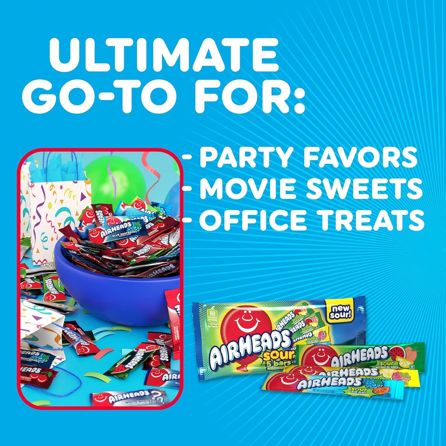 Airheads SOUR Candy Bars, Sour Watermelon Punch, Blue Blast, Lemon Berry Squeeze, 9 Bar Movie Theater Box