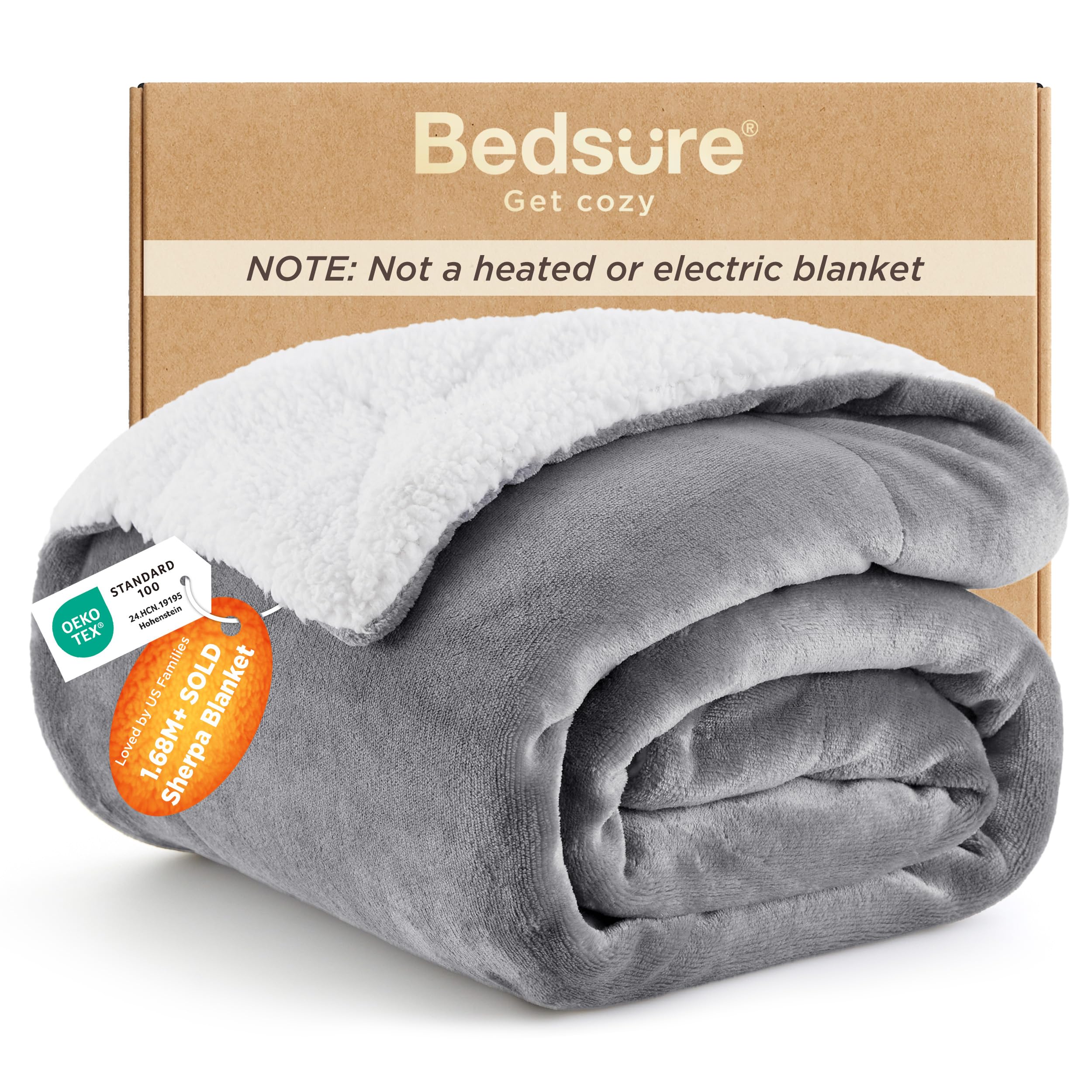 Bedsure GentleSoft Sherpa Fleece Throw Blanket for Couch, Non-Heated, Thick & Warm Christmas Cozy Blanket for Winter, Soft Fuzzy Plush Throw Gifts for Women and Men, Grey, 50x60 Inches