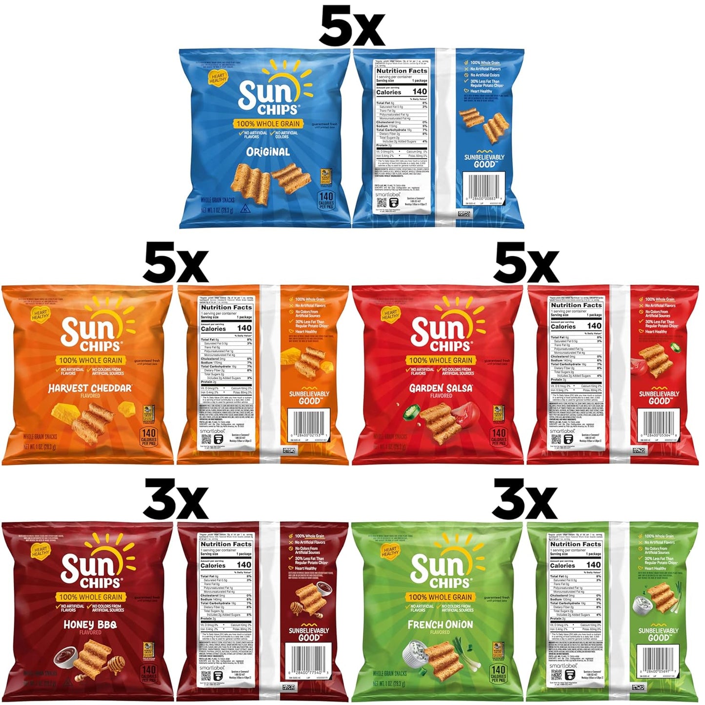 SunChips 100% Whole Grain Chips, Variety Pack, 1 oz Bags, Pack of 21, No Artificial Flavors, No Colors from Artificial Sources