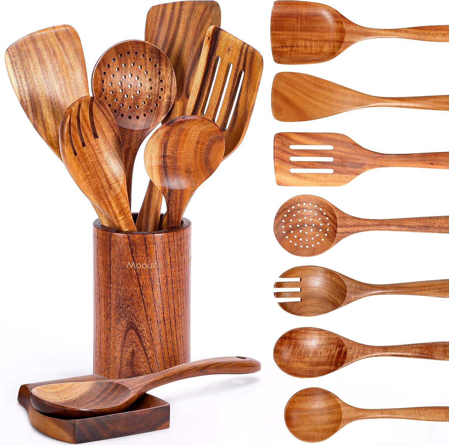 Set of wooden kitchen utensils including spoons, spatulas, and a ladle in a wooden holder.