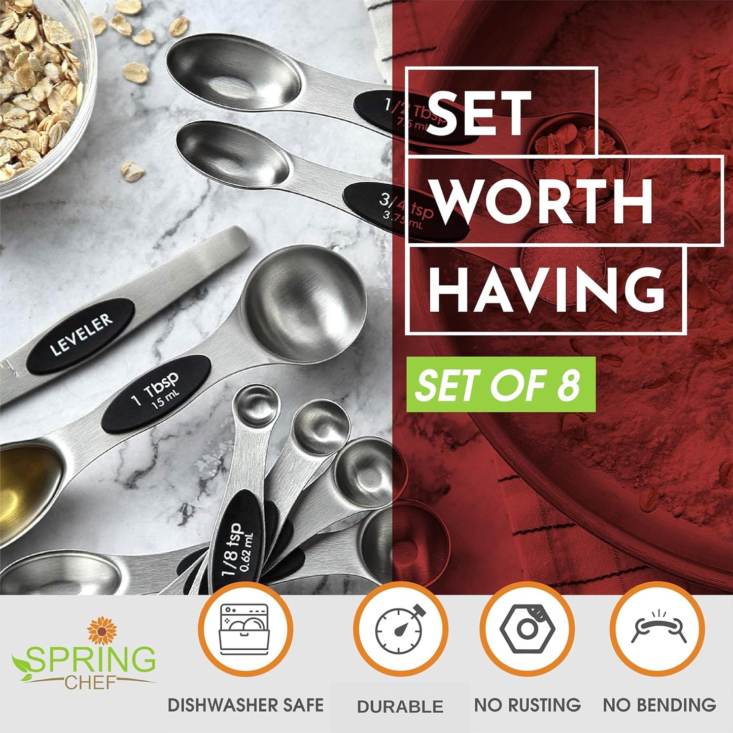 Spring Chef Stainless Steel Magnetic Measuring Spoons Set with Strong N45 Magnets, Heavy Duty Metal Kitchen Gadgets for Baking & Cooking, Fits in Most Kitchen Spice Jars, Set of 8 with Leveler, Black