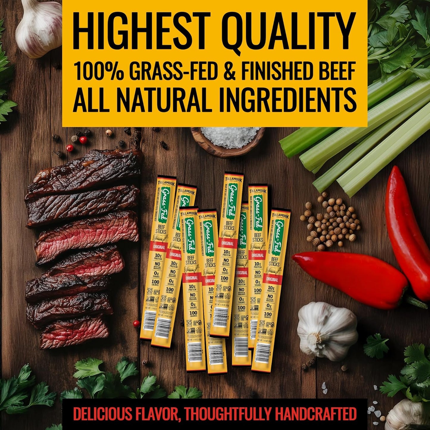 Tillamook Country Smoker 100% Grass Fed Beef Sticks, Zero Sugar, Original, 1.15 Ounce, 8 Pack, Non-GMO Clean Meat Snacks, 10g High Protein Per Stick, Gluten Free Keto Snack, Individually Wrapped