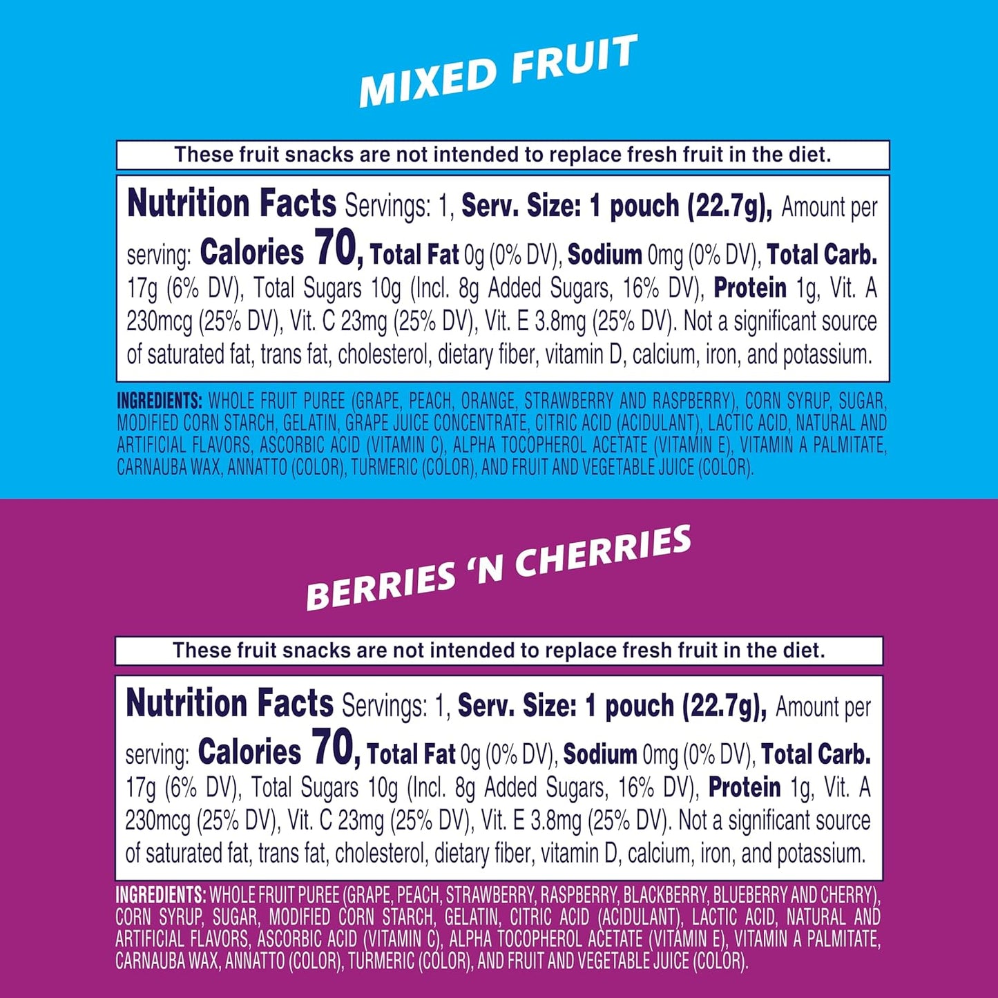 Welch's Fruit Snacks, Mixed Fruit & Berries 'N Cherries Snack Box, Gluten Free, 0.8oz Snack Packs (Pack of 60)