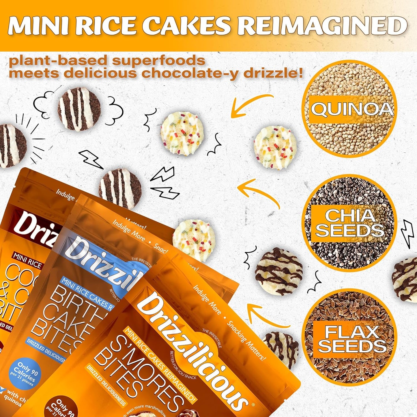 drizzilicious mini rice cakes variety pack, gluten free, vegan, low calorie, perfect snack for adults and kids, 0.74 oz, 12 pack