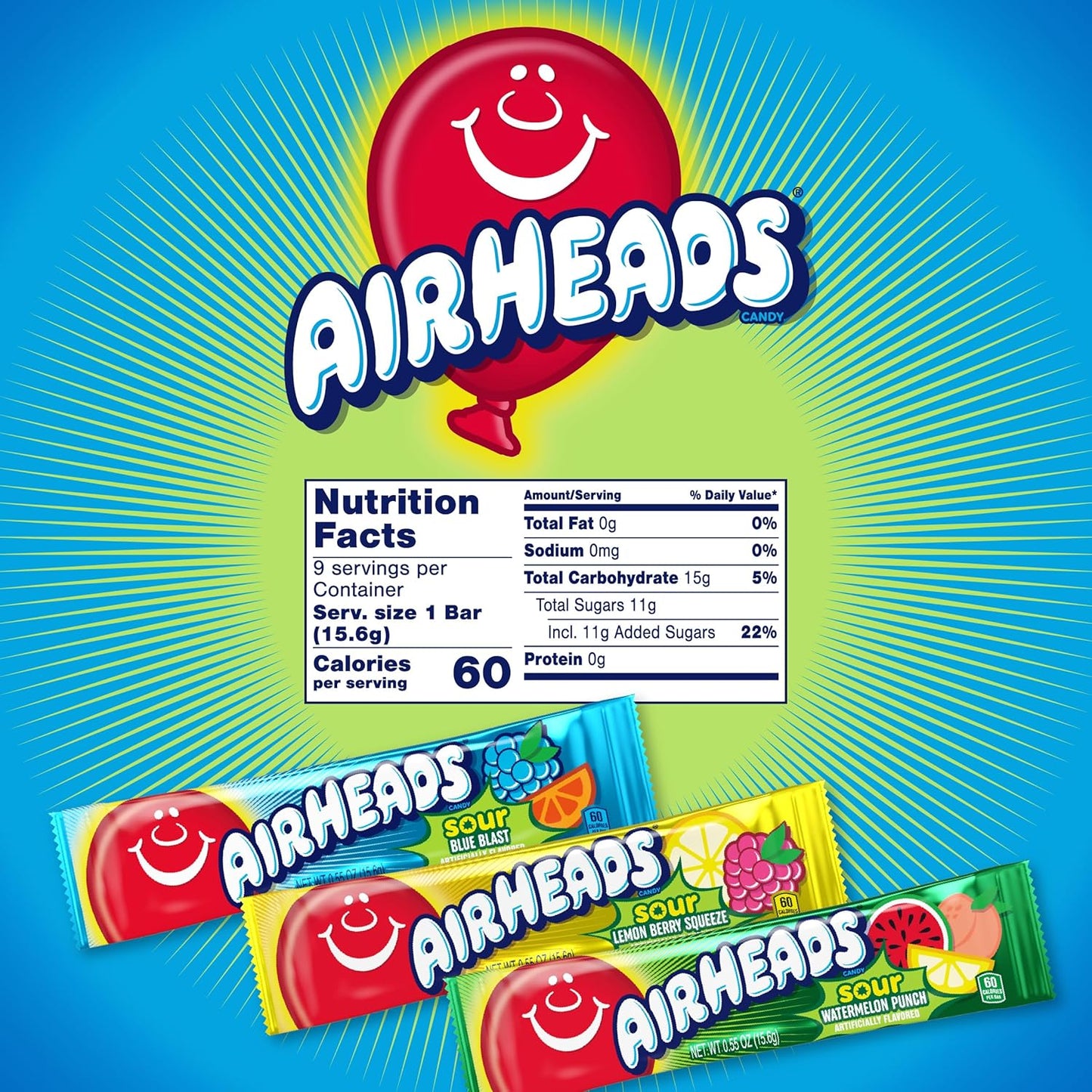 Airheads SOUR Candy Bars, Sour Watermelon Punch, Blue Blast, Lemon Berry Squeeze, 9 Bar Movie Theater Box