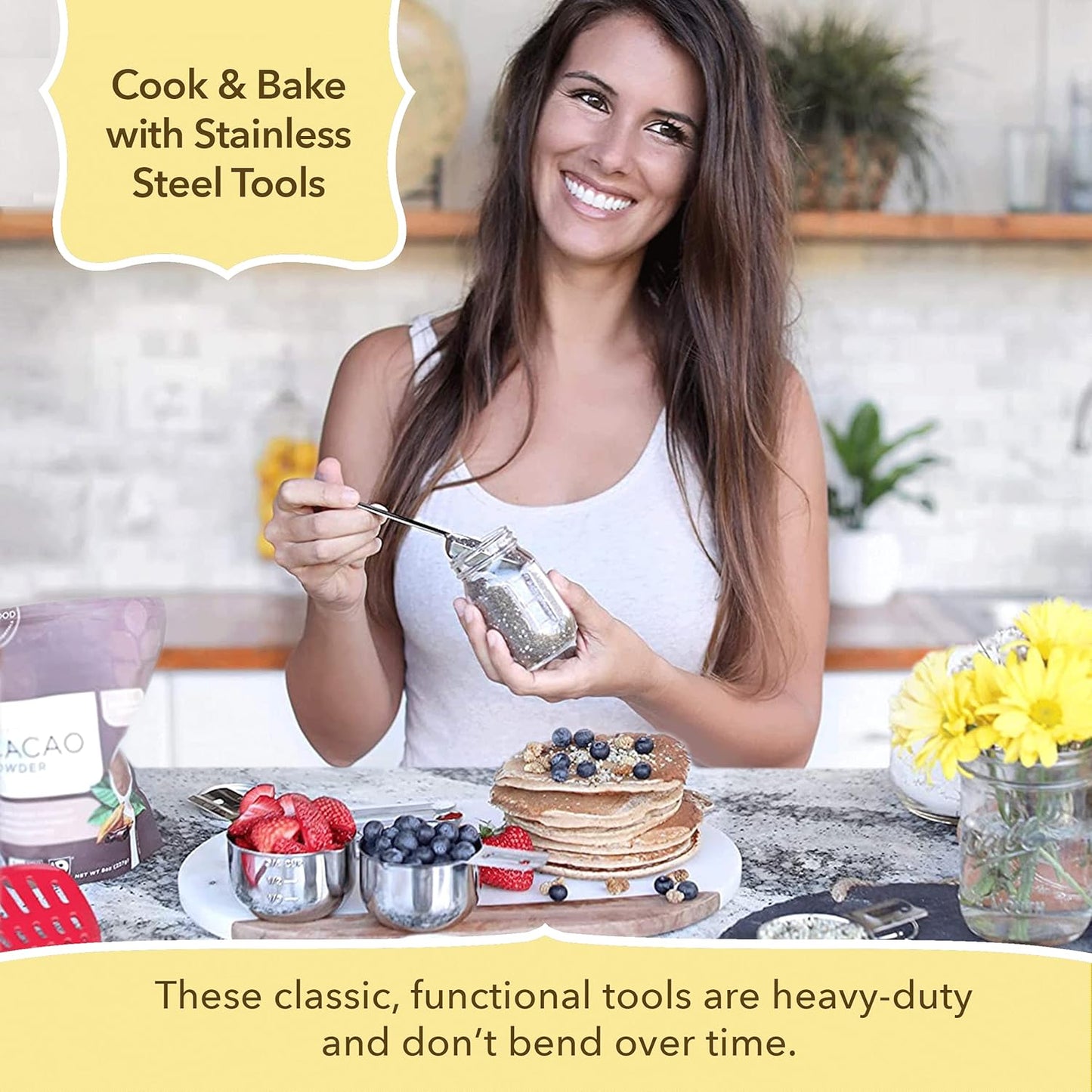 Simply Gourmet Measuring Cups and Spoons Set of 12 – 18/10 Stainless Steel Kitchen Gadgets – Stackable Design with Long Handle Spoons – Fits in Jars – Cooking & Baking Measuring Set for Dry & Liquid