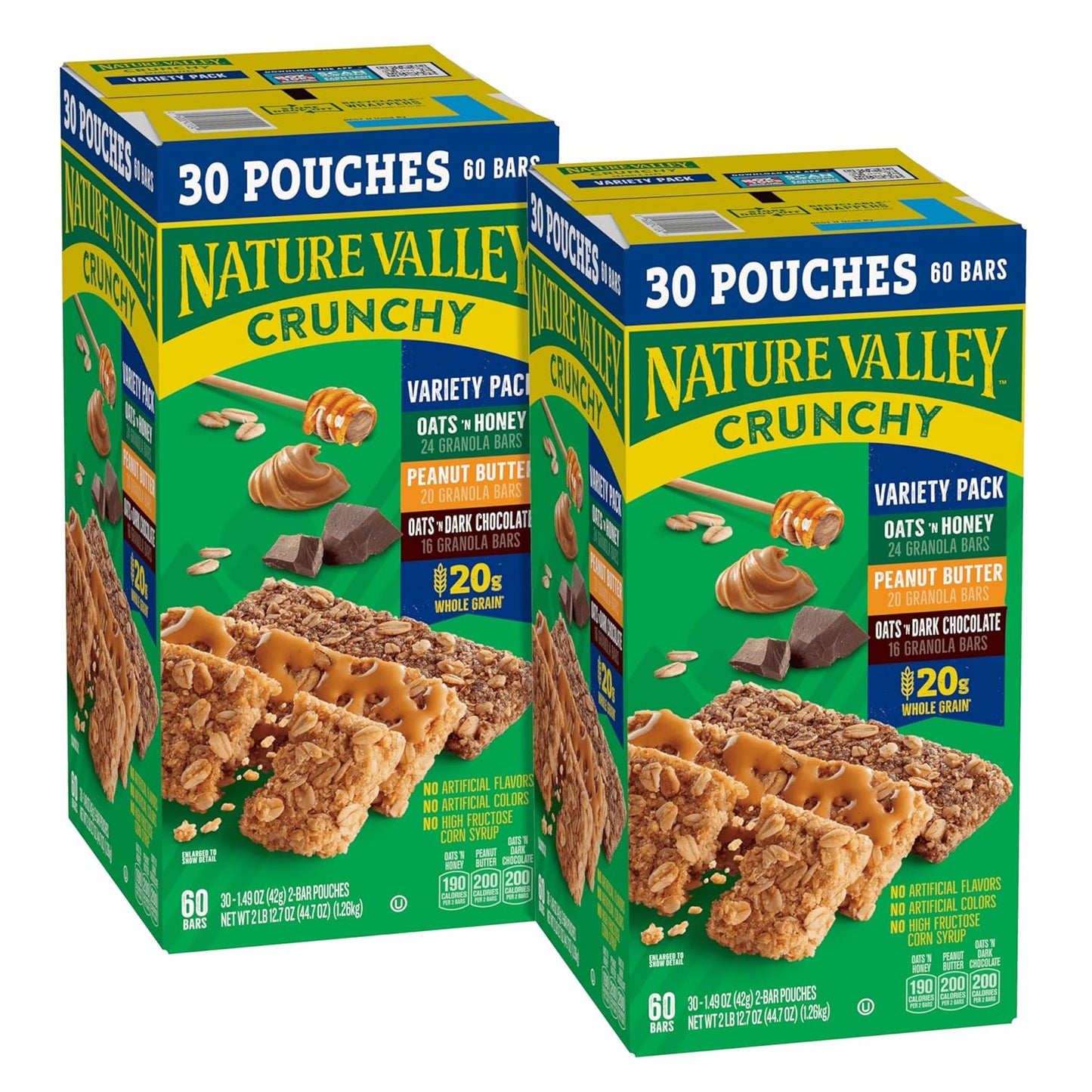 Nature Valley Crunchy Granola Bars, Oats & Honey, Peanut Butter, Oats & Dark Chocolate, Gluten Free, Value Pack, 60 Bars, 44.7 OZ (30 Pouches)