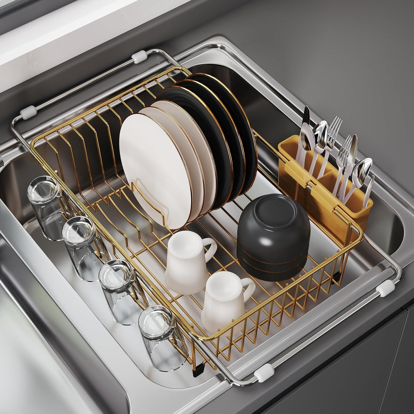 JASIWAY Dish Drying Rack in Sink, Expandable Stainless Steel Dish Drainers for Kitchen Counter, Dish Dryer Rack for Inside Sink, Over The Sink Dish Racks with Utensil Holder, Silver