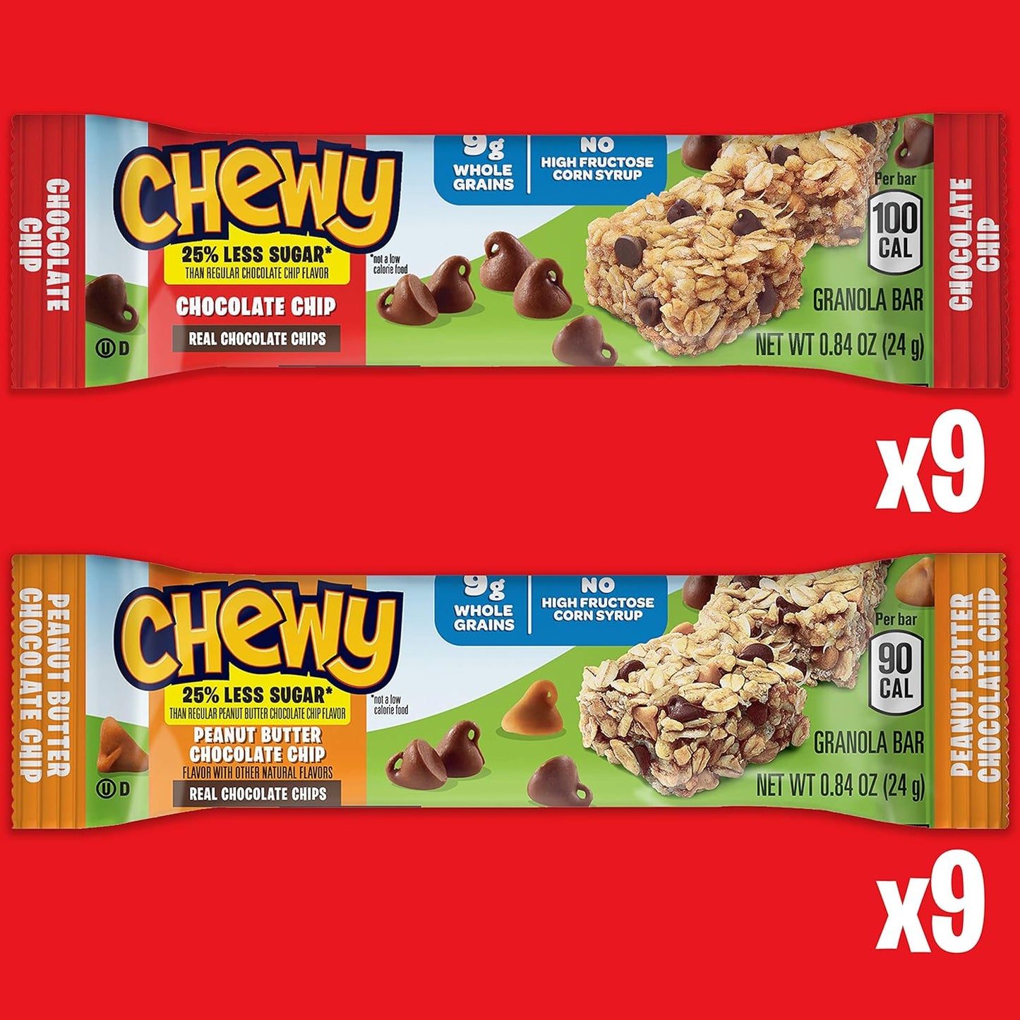 Quaker Chewy Granola Bars, 25% Less Sugar, 2 Flavor Variety Pack, (18 Pack)